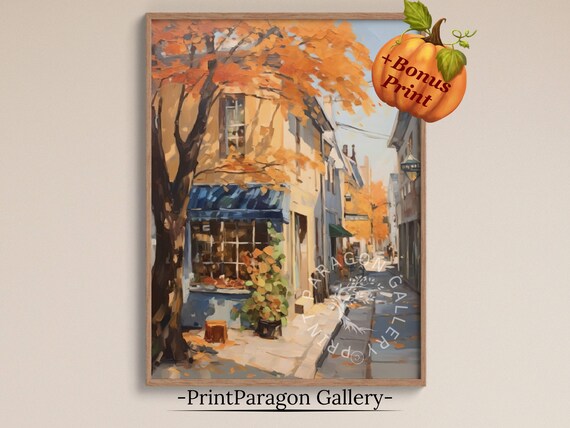 Cozy Fall Street with a Charming Corner Shop and Blue Awning Wall Art