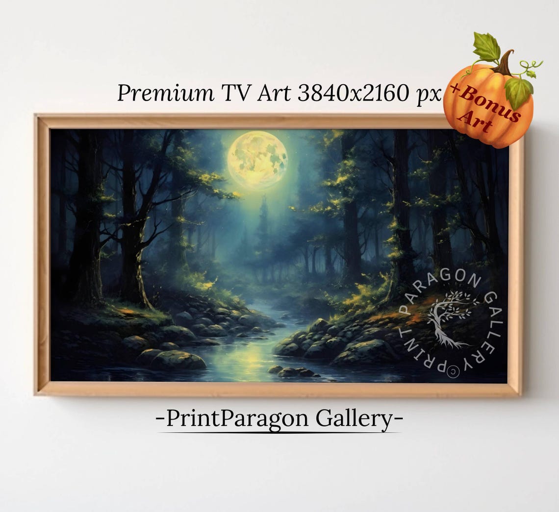 Full Moon Over Night Forest Stream Moonlight Landscape Poster