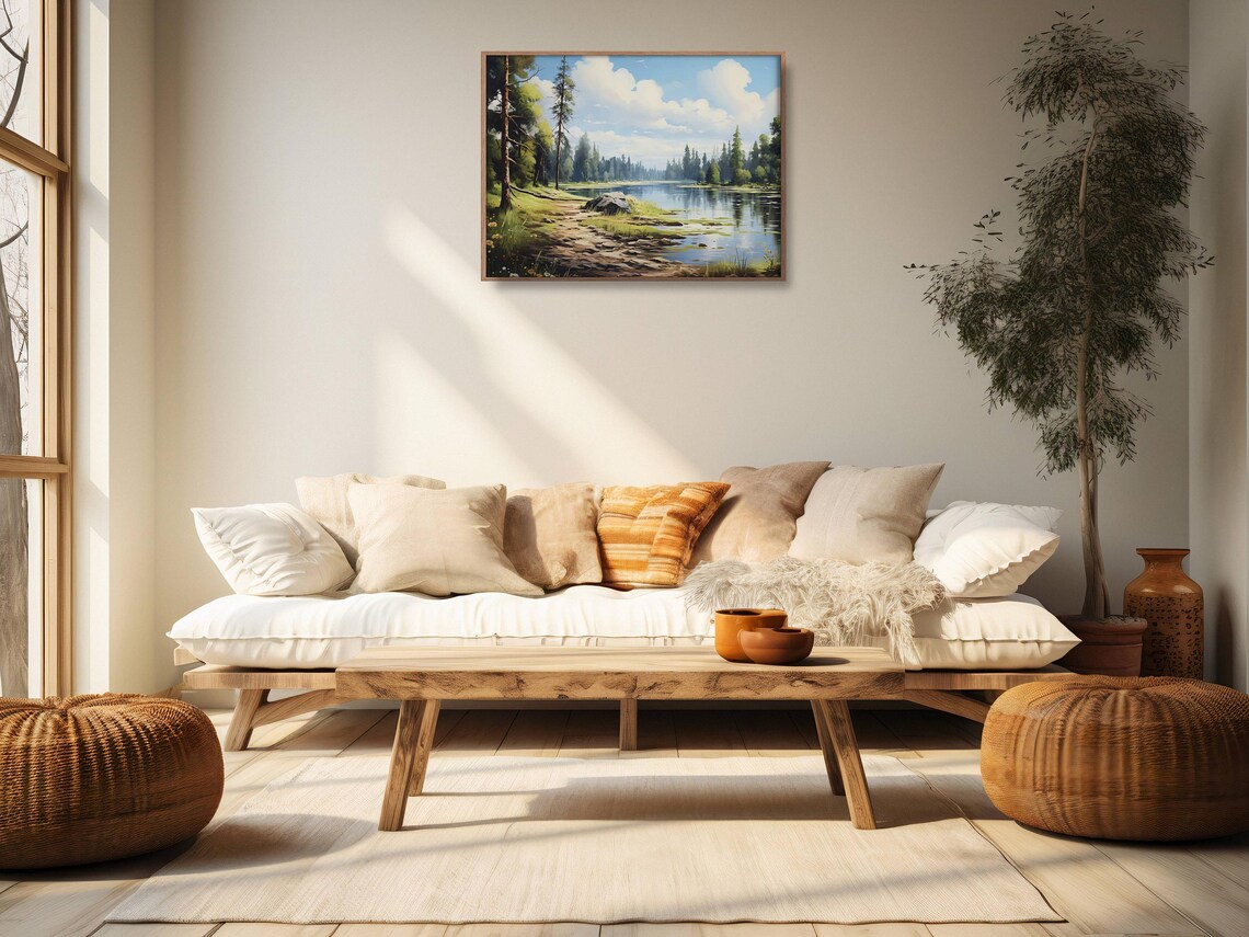 Summer Pine Forest Lake Shoreline Rocky Path Oil Painting Nature Wall Art - Image 2