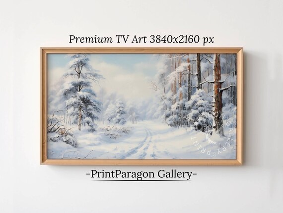 Sunlit Snowy Forest Path Lined with Tall Winter Trees Wall Art