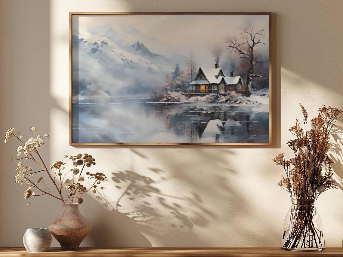 Snowy Lakeside Cabin Mountain Reflection Winter Retreat Poster - Image 2