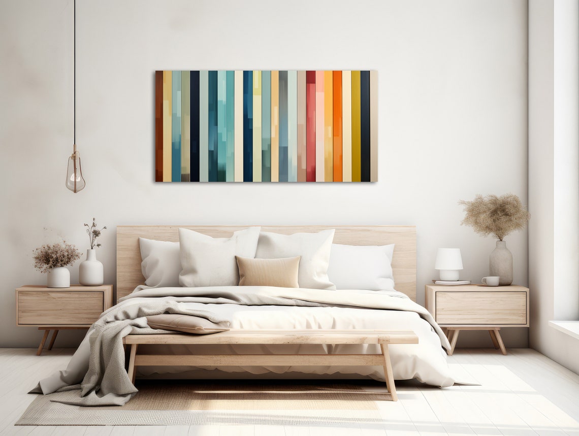 Large Geometric Line Art Framed Print Modern Abstract Painting Panoramic Line Artwork Retro Colors Straight Line - Image 2