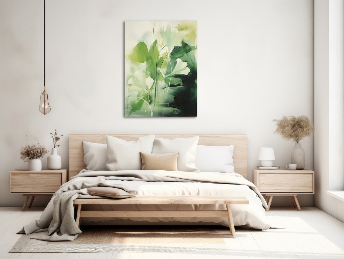 Green White Watercolor Botanical Leaves Soft Nature Abstract Poster - Image 2