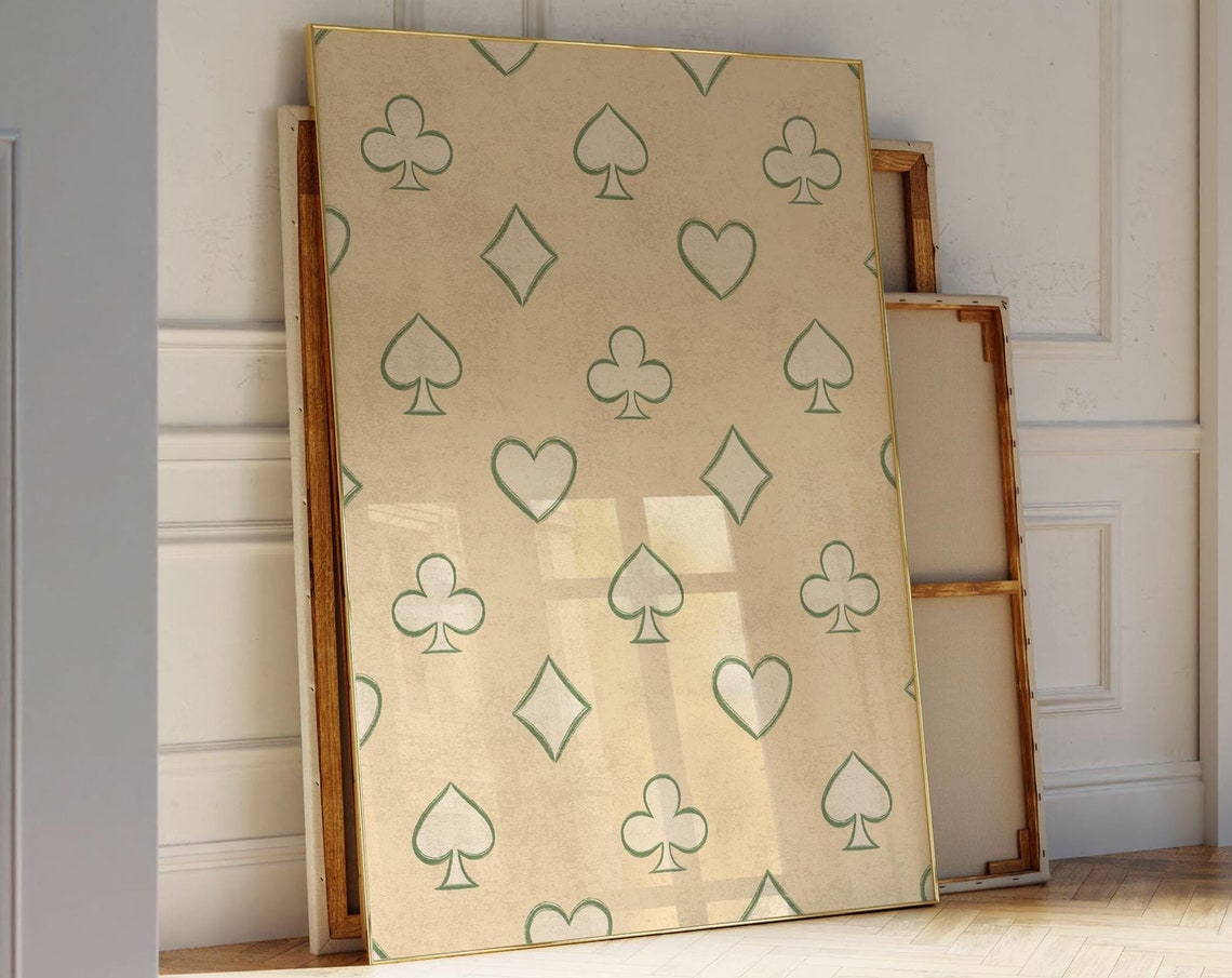 Green Card Suits Pattern Cream Playing Card Retro Art Poster