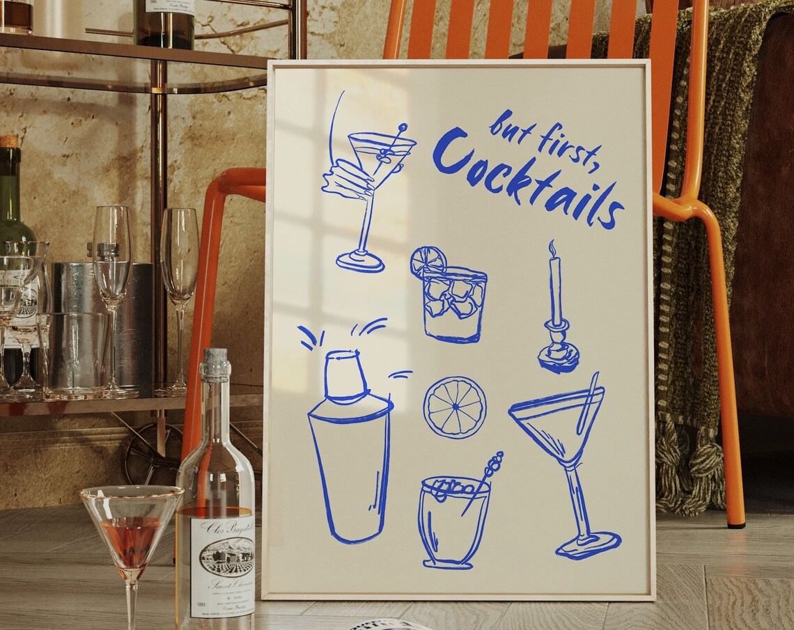 But First Cocktails Blue Line Art Bar Cart Decor Quote Poster - Image 4