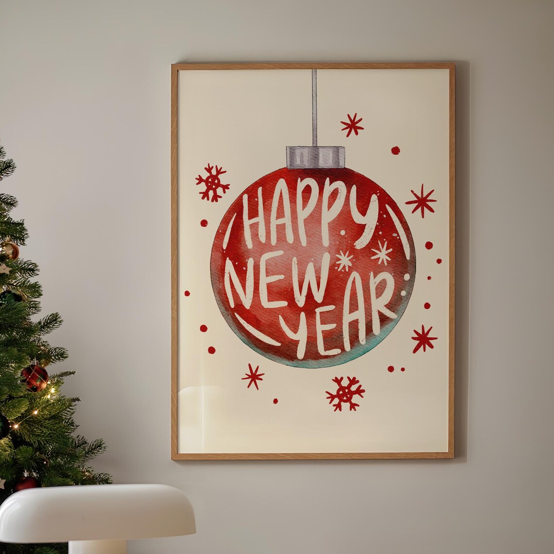 Happy New Year Christmas Watercolor Holiday Poster