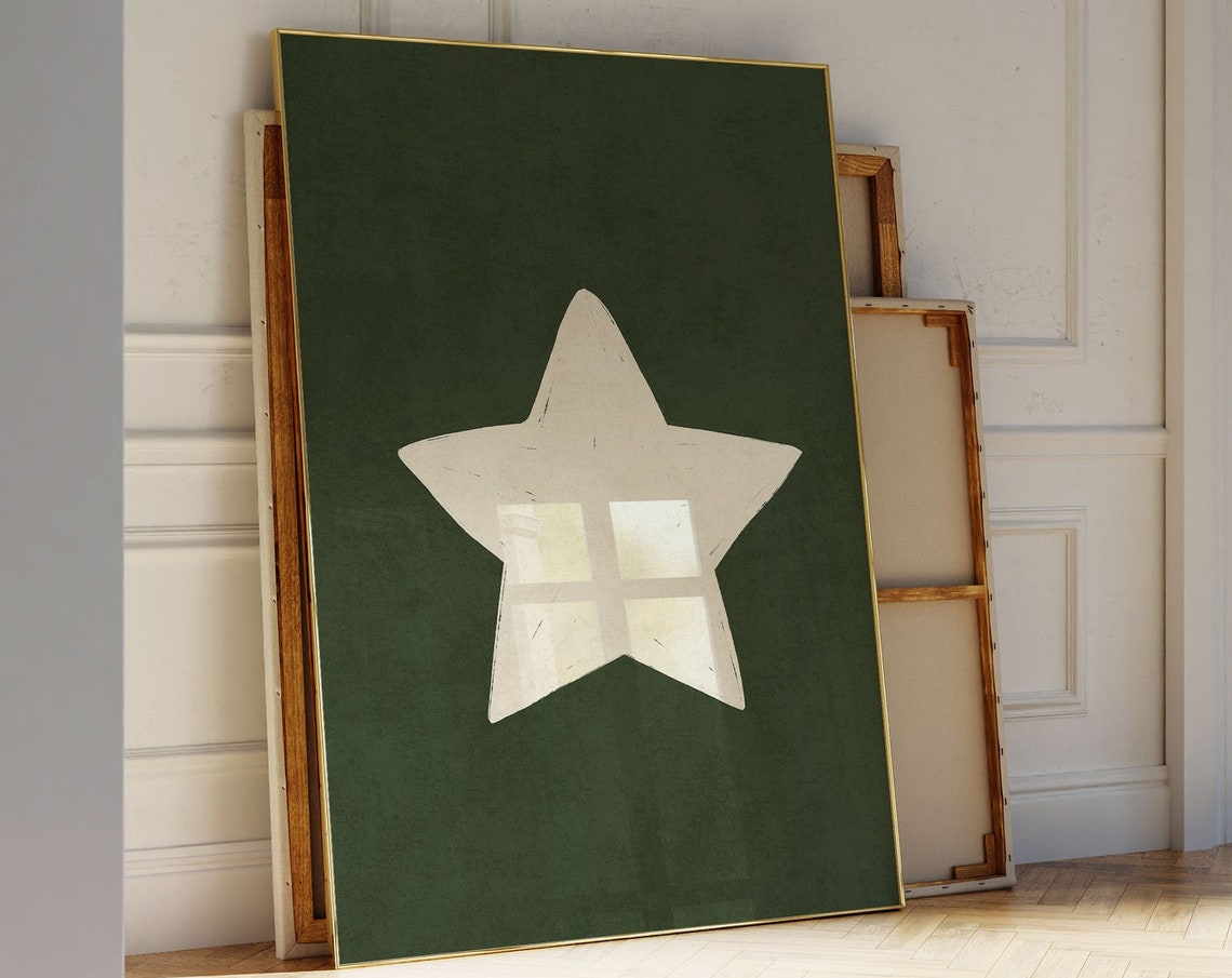 Hand Drawn White Star On Dark Forest Green Minimalist Poster