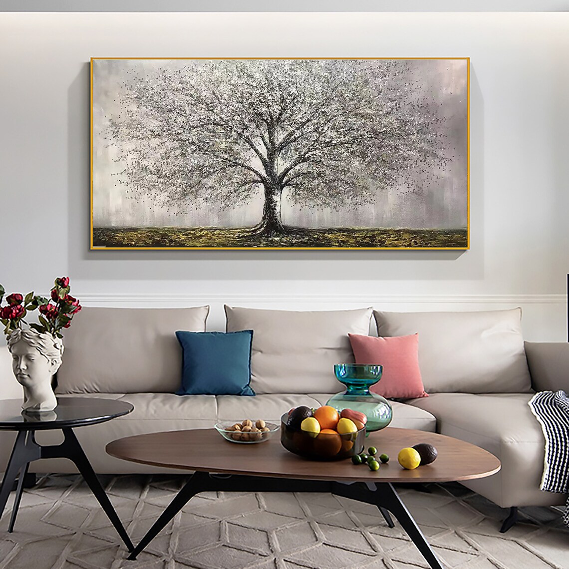 Silver Blossom Tree of Life Panoramic Oil Painting Art Print - Image 4