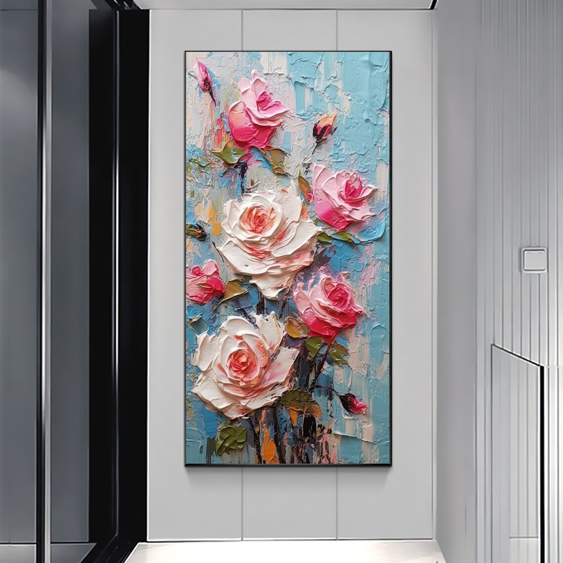 Pink and White Roses Impasto Oil Painting on Blue Canvas Poster - Image 5