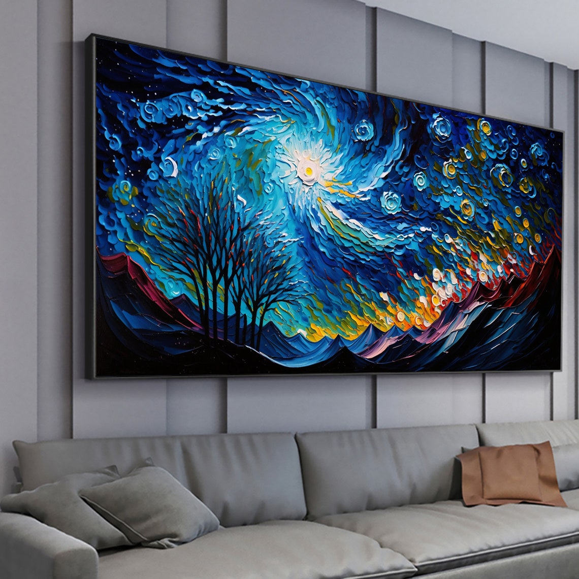 Starry Swirling Night Sky Over Mountain Landscape Impasto Poster - Image 4