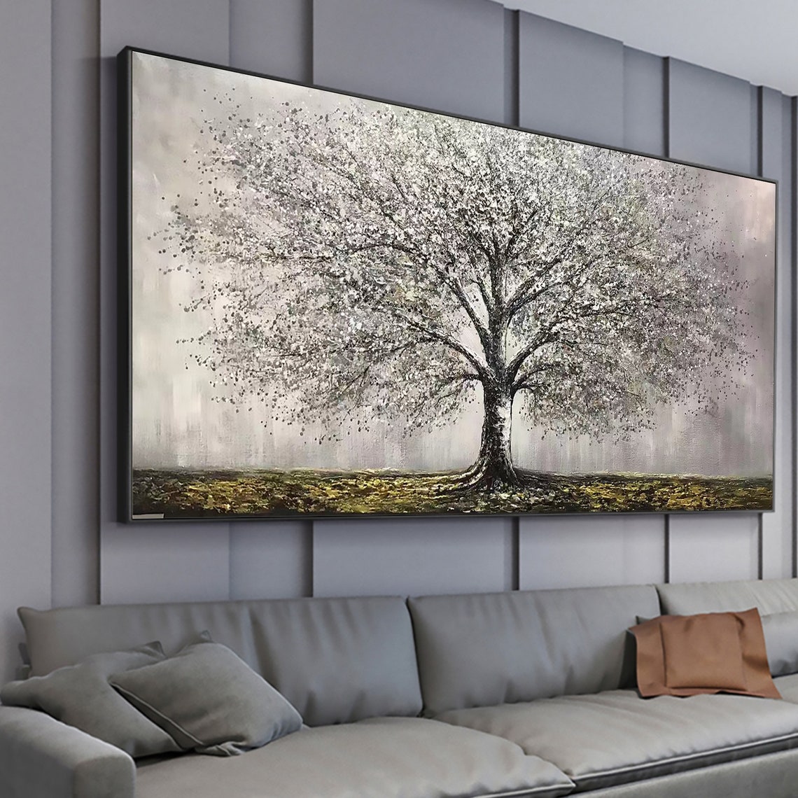 Silver Blossom Tree of Life Panoramic Oil Painting Art Print - Image 6