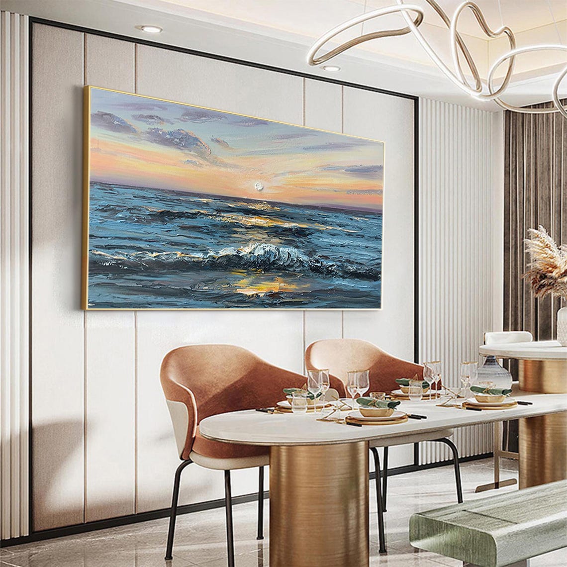Sunset Ocean Waves Moonrise Textured Seascape Oil Painting Poster - Image 5