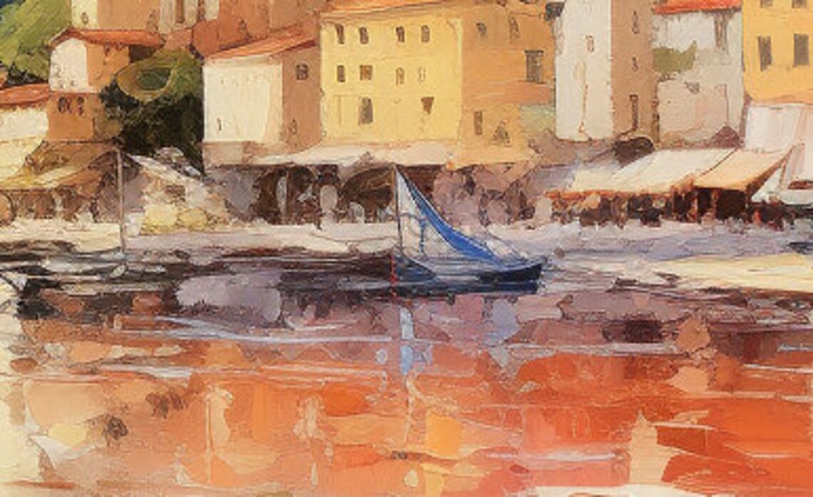 Mediterranean Coastal Village Harbor Sailboat Blue Water Poster - Image 2