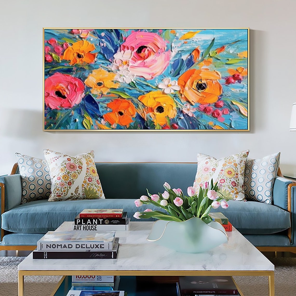 Vivid Impasto Blossoms Dancing Across a Turquoise Canvas Poster - Image 6