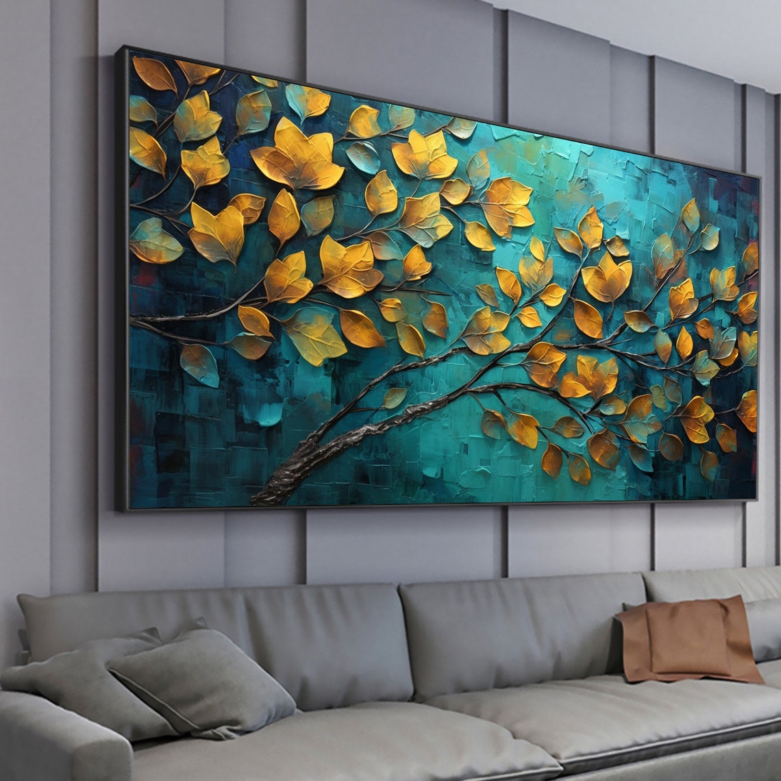 Golden Autumn Leaves Spreading Over Textured Teal Canvas Poster - Image 6