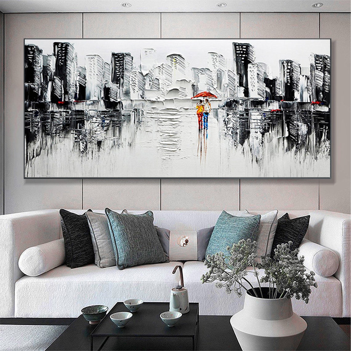 Large Abstract City Textured Oil Painting On Romantic Couple Modern Urban Landscape Wall Art Black Painting Living Room Home Decor - Image 2