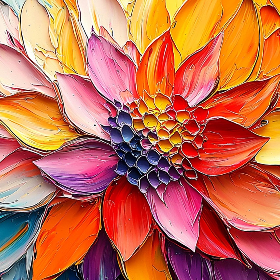 Giant Rainbow Dahlia Blossom in Thick Impasto Close-Up Poster - Image 4