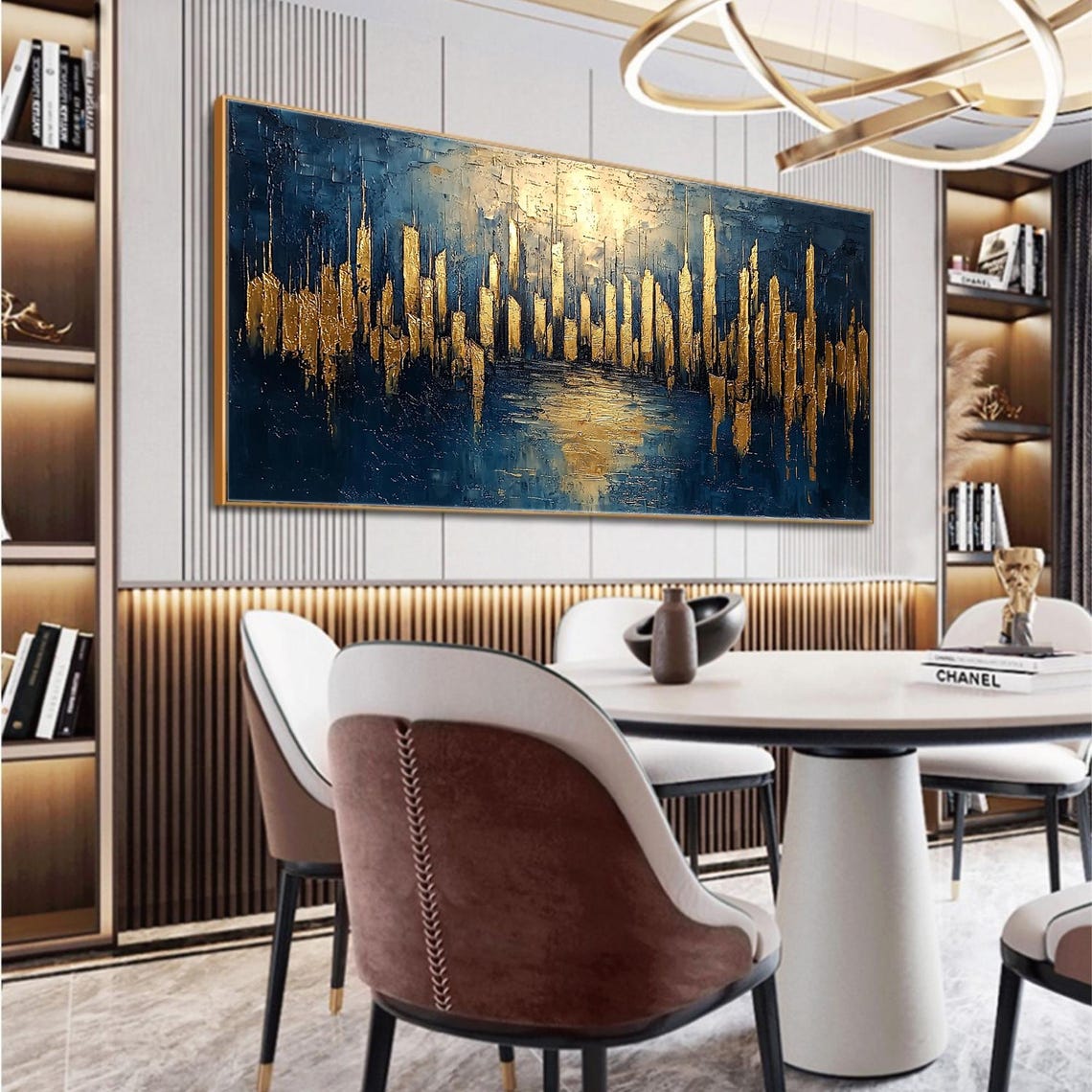 Large Abstract Golden City Building Painting On Original City Skyline Painting Modern Urban Landscape Wall Art Living Room Decor - Image 5