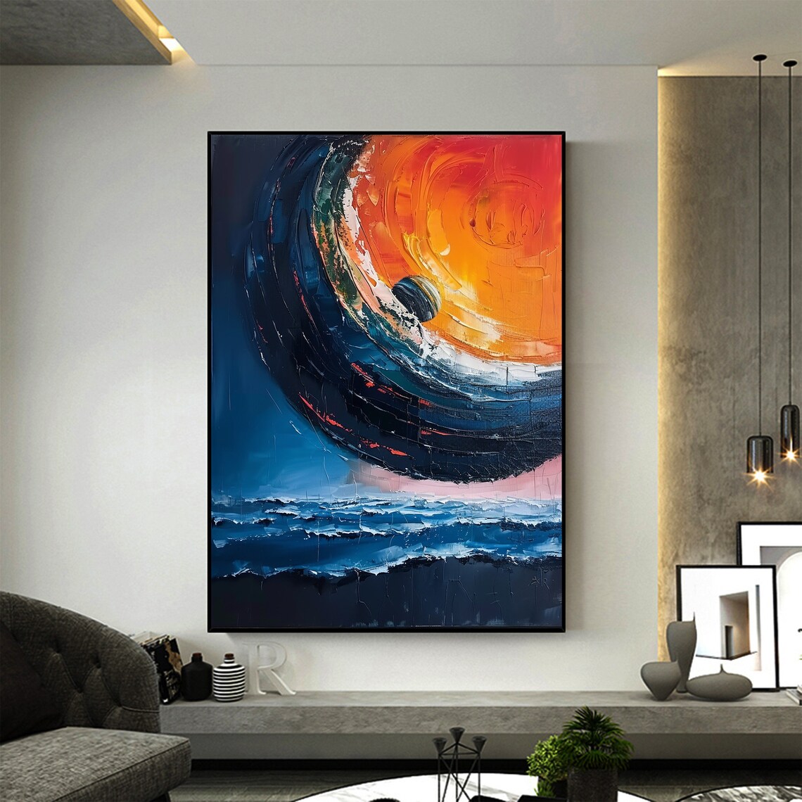 Fiery Planet Rising Over Dark Ocean Vertical Oil Painting Art Print - Image 4