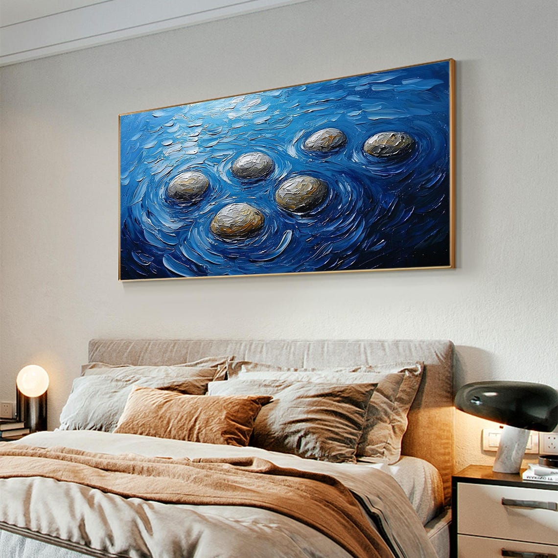 Smooth Grey Stones Rippling in Deep Blue Swirling Water Poster - Image 2