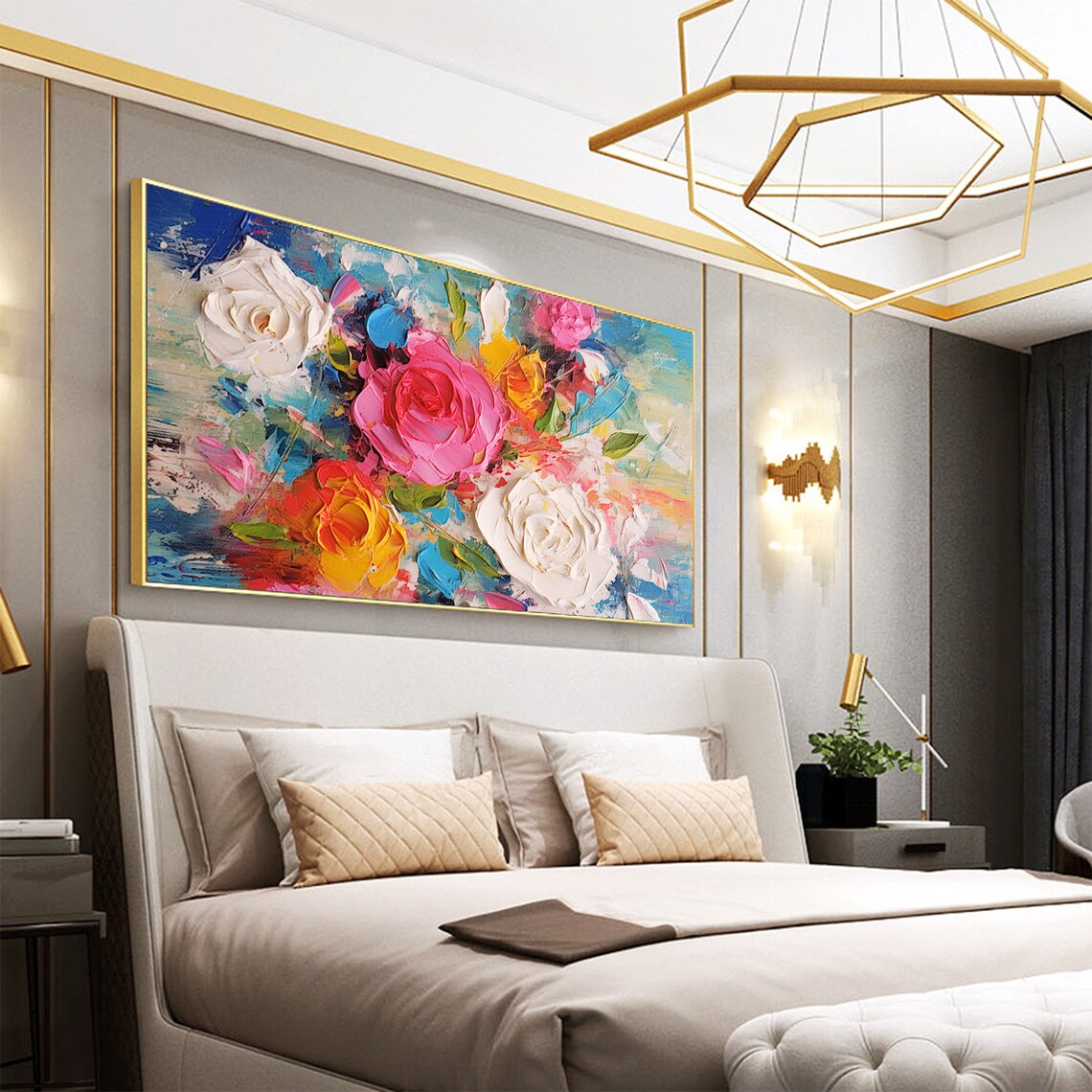 Colorful Roses Impasto on Blue Panoramic Oil Painting Art Print - Image 3
