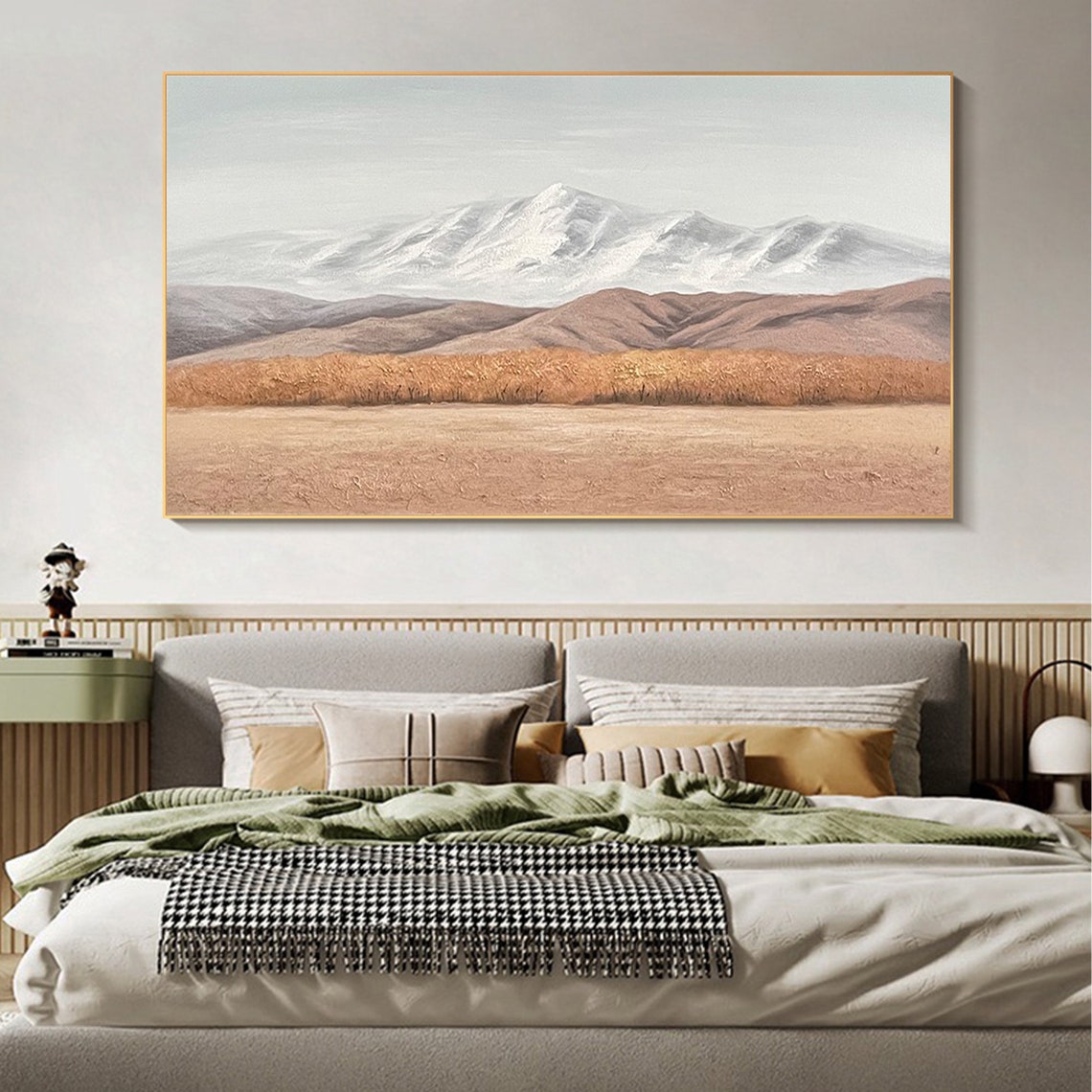 Snowy Mountains Warm Ochre Plain Minimalist Landscape Oil Poster - Image 2