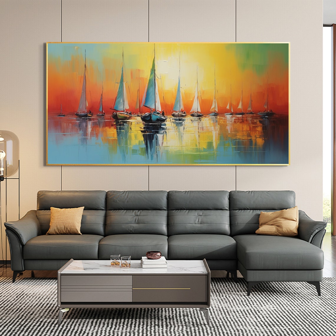 Abstract Sailboats at Sunset Orange Sky Nautical Oil Painting Poster - Image 5