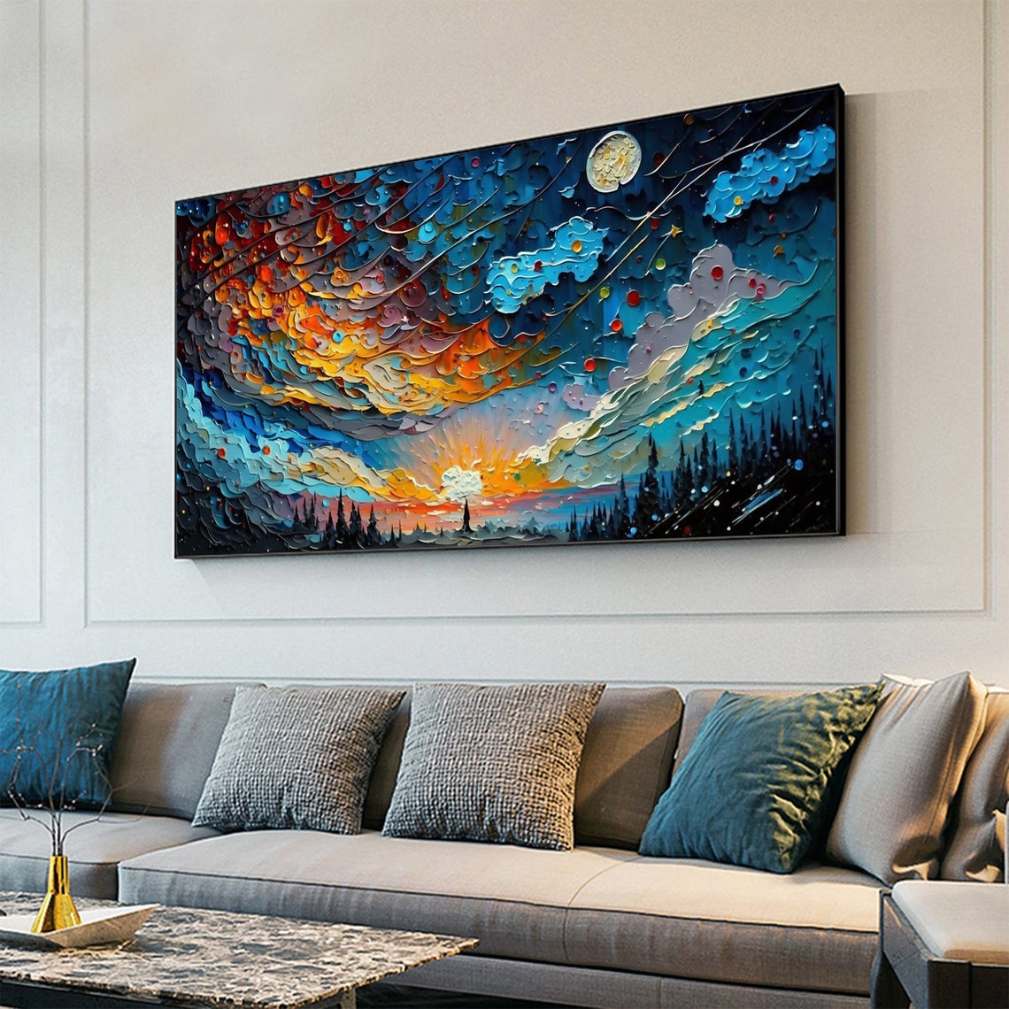 Moonlit Swirling Night Sky Over Dark Forest Sunset Impasto Oil Poster - Image 3