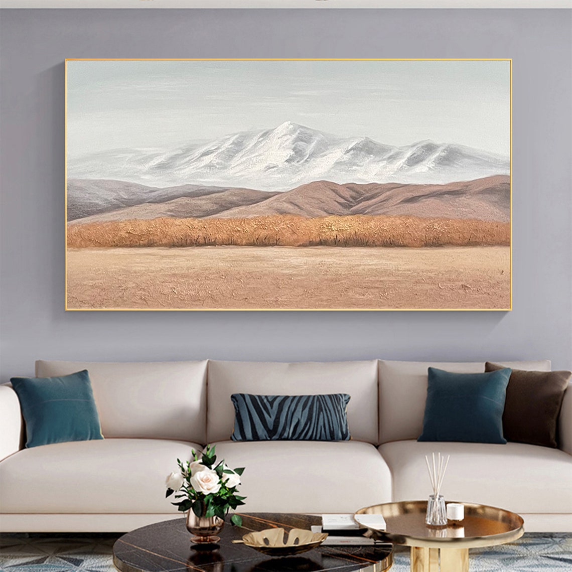 Snowy Mountains Warm Ochre Plain Minimalist Landscape Oil Poster - Image 6