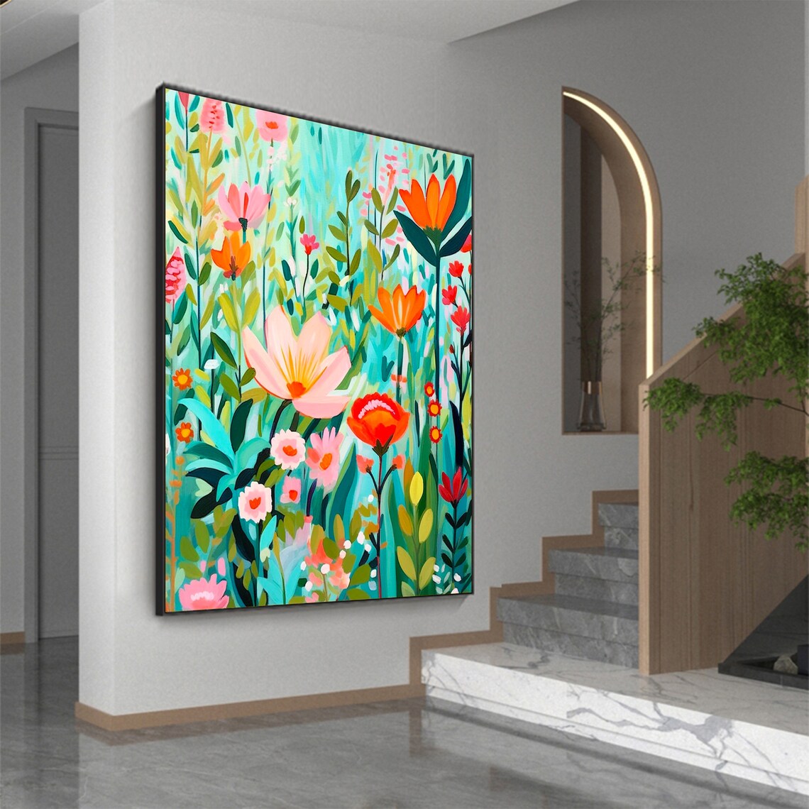 Colorful Wildflower Meadow on Teal Abstract Oil Painting Art Print - Image 4