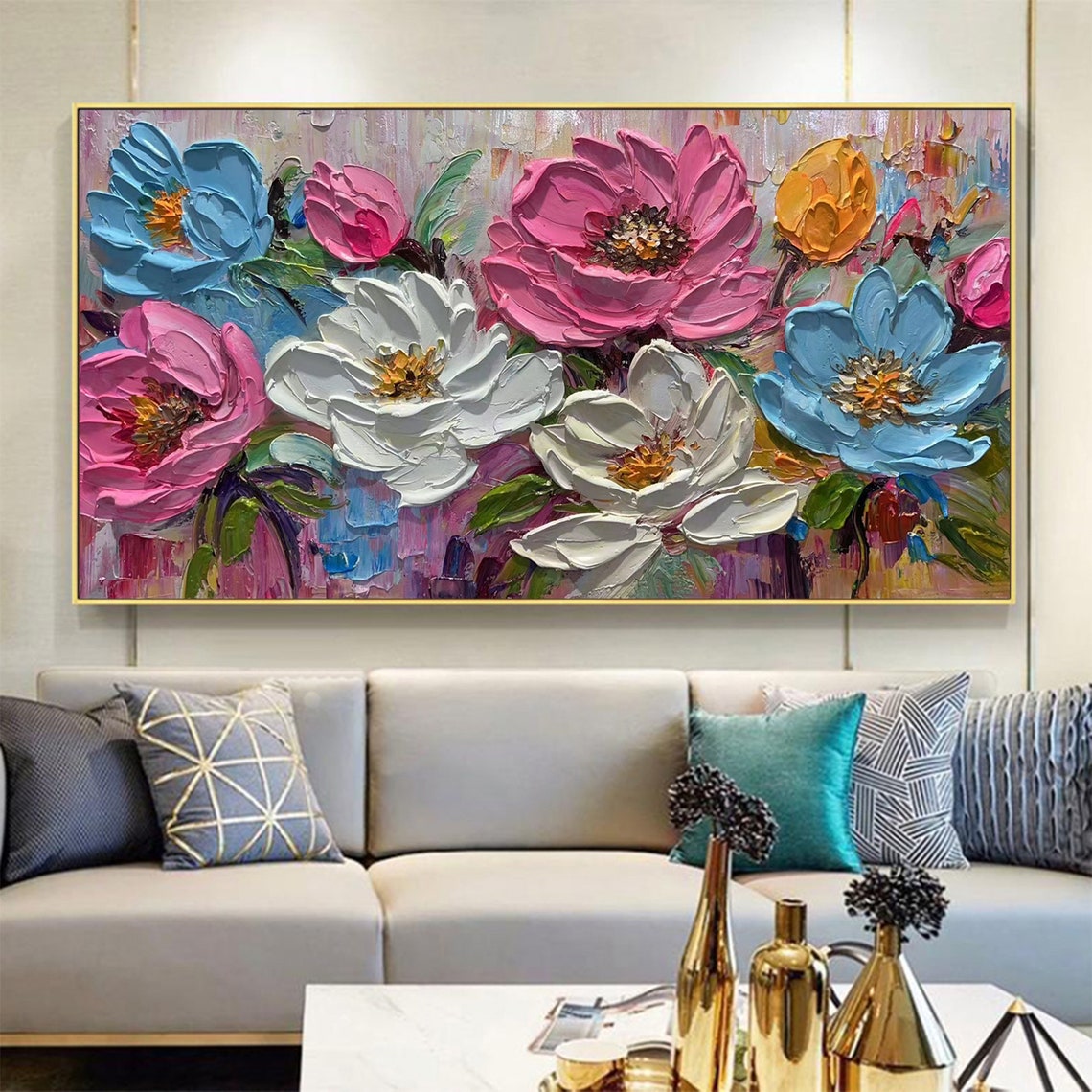 Bold Impasto Blooms in Pink White and Blue Floral Garden Poster - Image 6