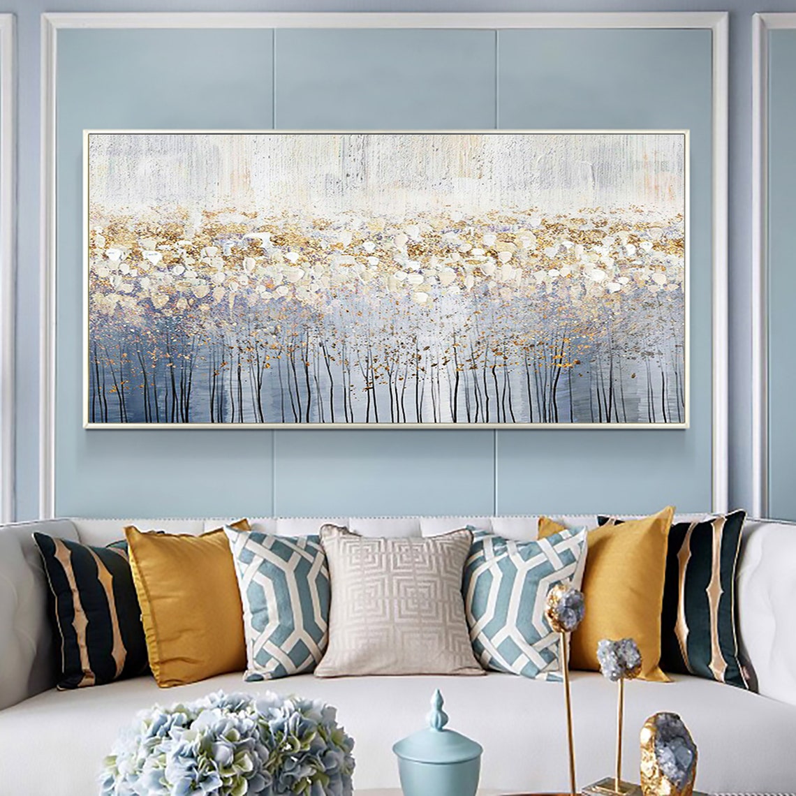 Silver Gold Birch Stems Minimalist Panoramic Oil Painting Art Print - Image 6