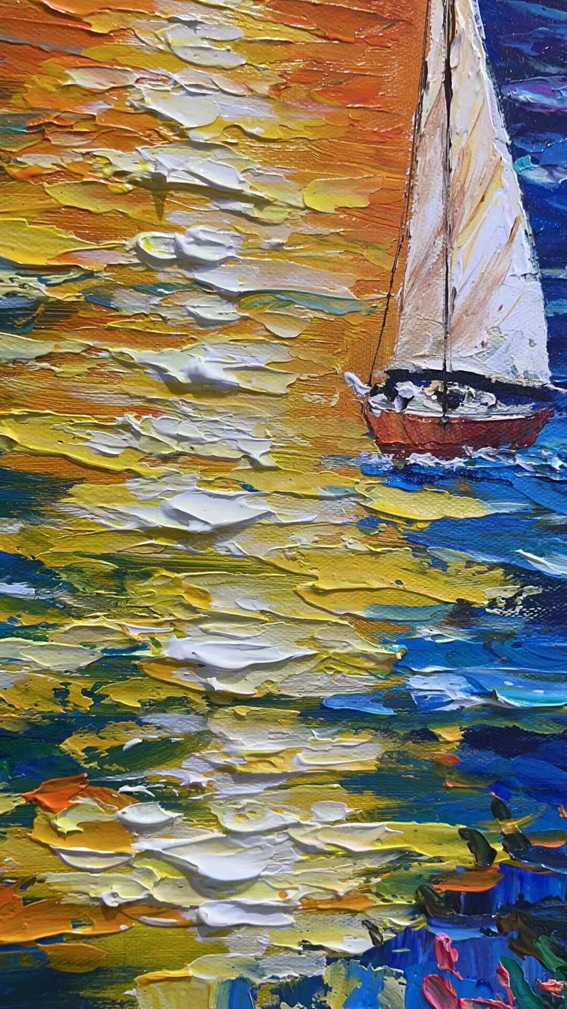 Sunset Sailboats Over Ocean Cliffs Vertical Oil Painting Art Print - Image 4