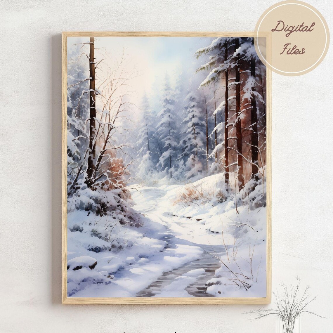 Snowy Pine Forest Path Watercolor Painting of Winter Woods Poster