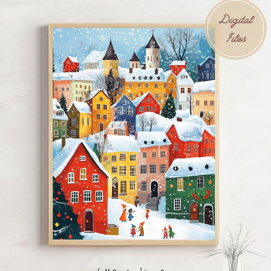 Snowy Christmas Town Colorful Houses Kids in Snow Holiday Poster