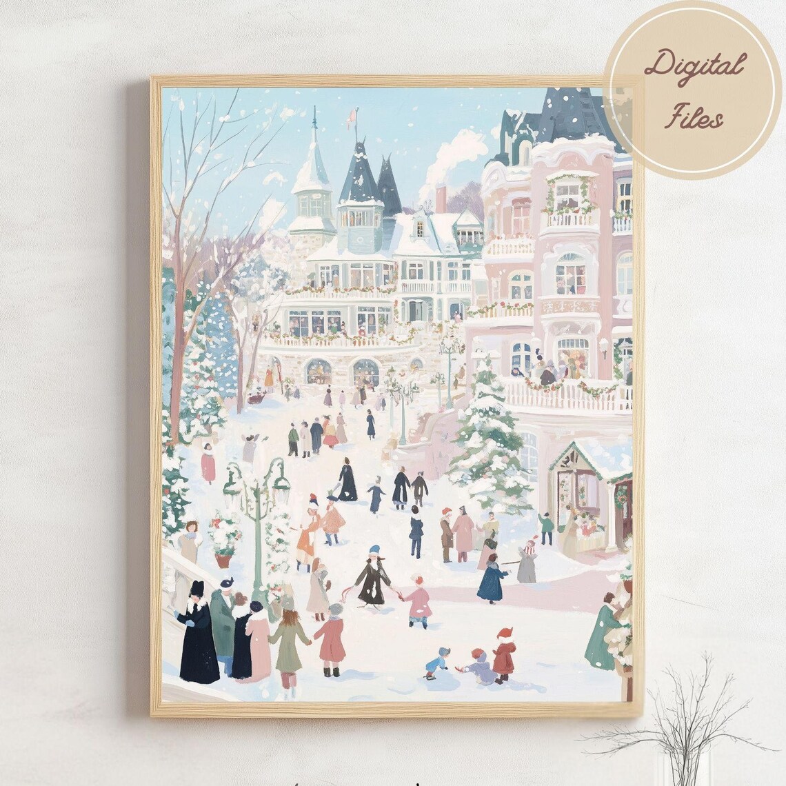 Pastel Winter Plaza with Pink Palaces and Holiday Crowds Poster