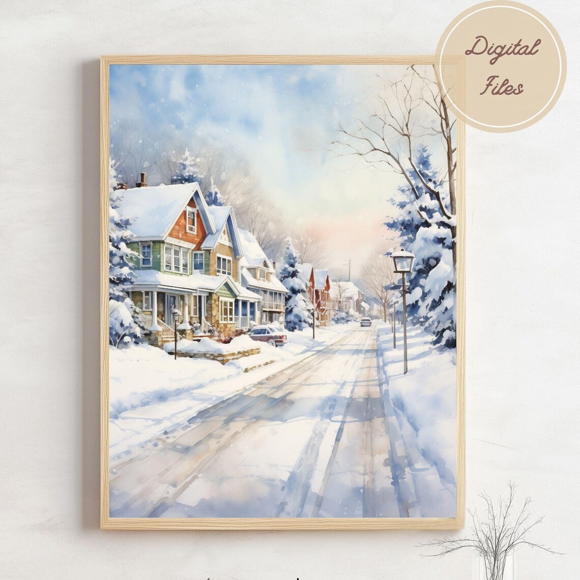 Snowy Suburban Street Winter Scene with Cozy Houses Watercolor Poster
