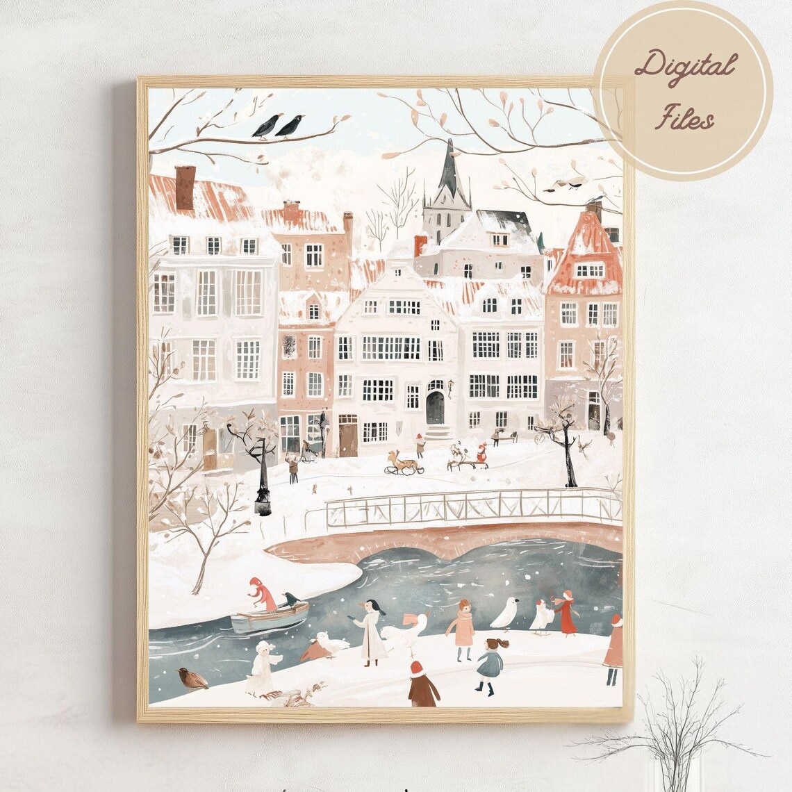 Snowy Canal Town With Old Bridge And Church Winter Scene Poster
