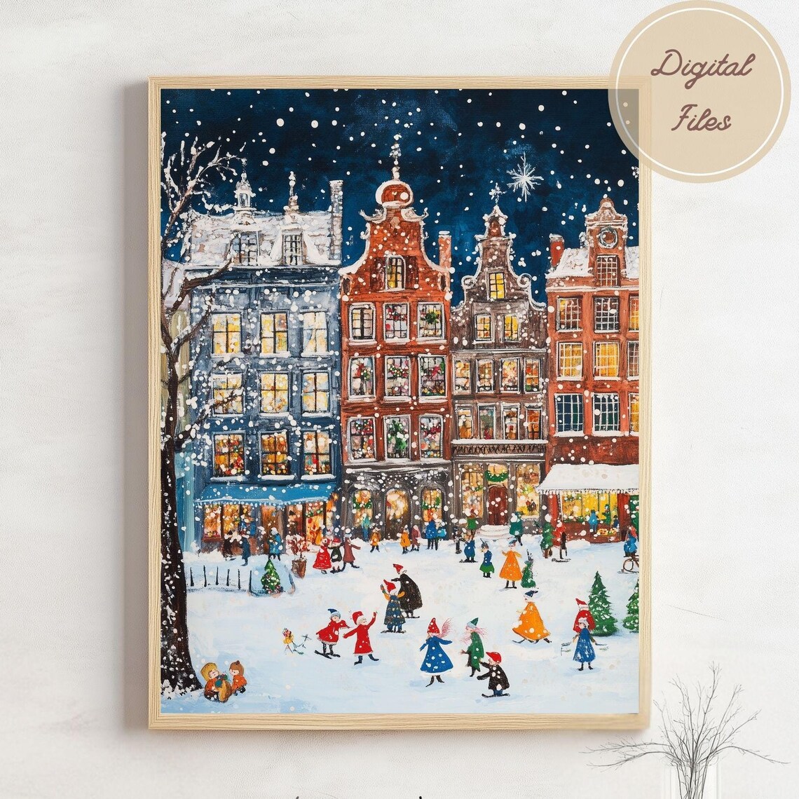 Snowy Historic Town Square At Night With People In Falling Snow Poster