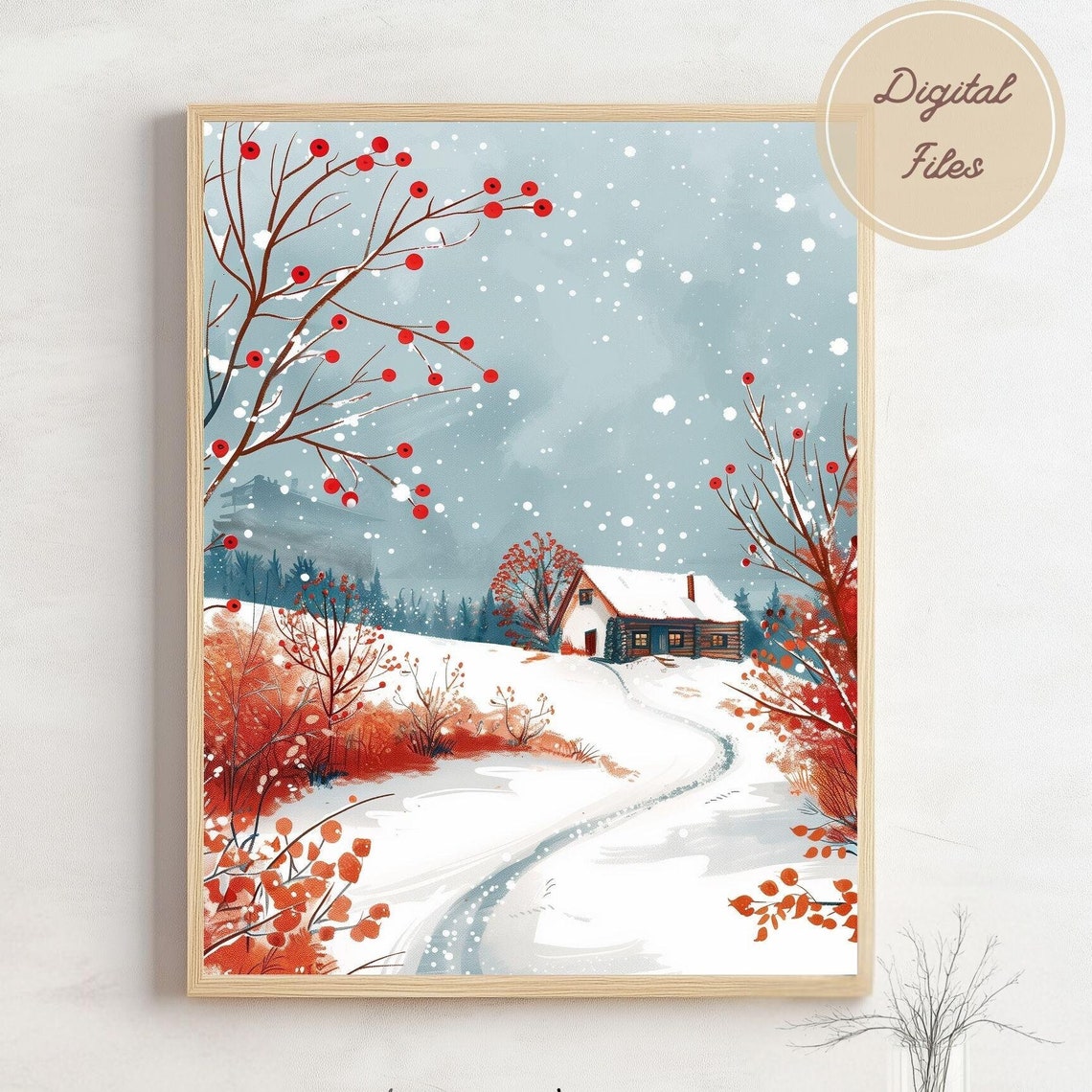 Cozy Snow Covered Cottage With Red Berry Trees Winter Scene Poster