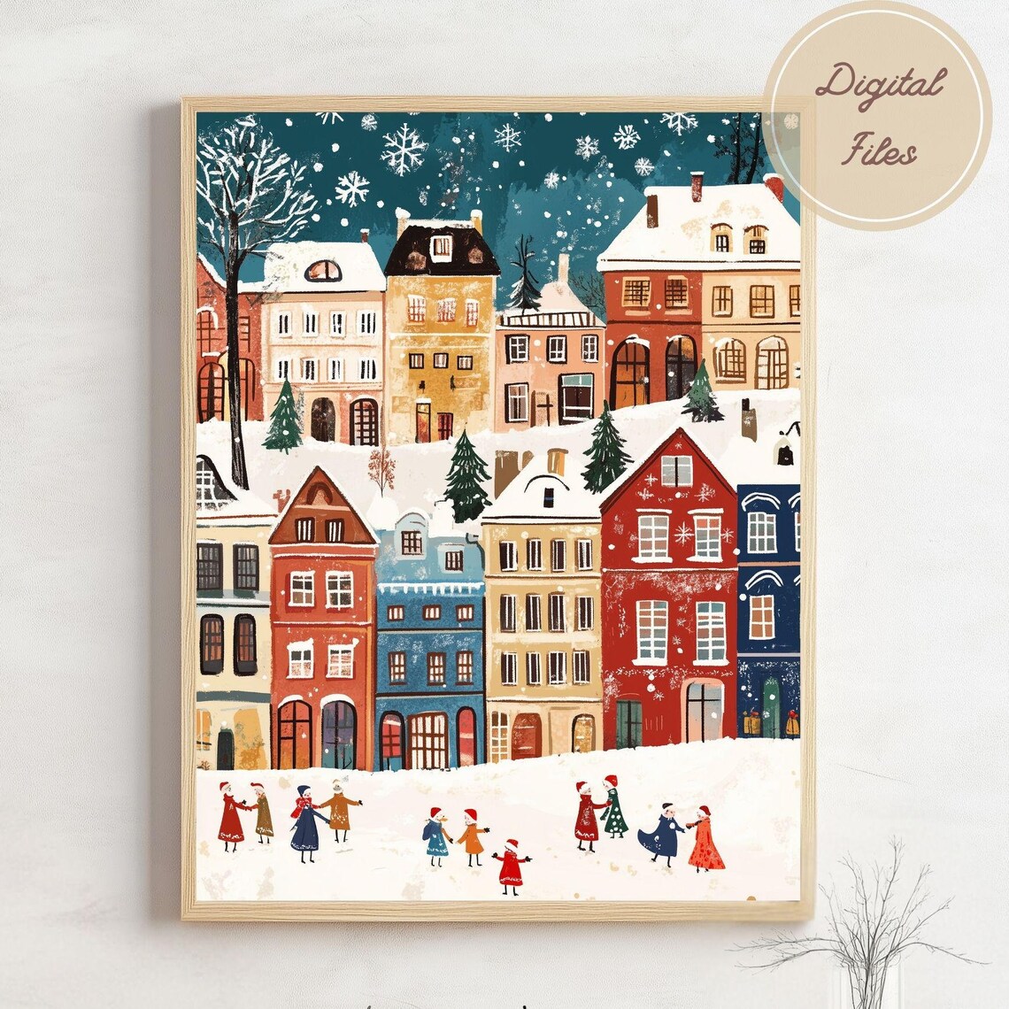 Snowy Night Village Folk Art Scene with Snowflakes and Carolers Poster
