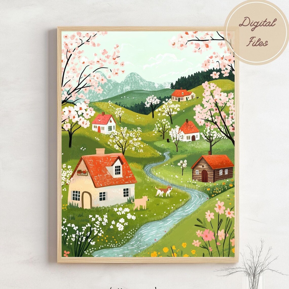 Blossoming Spring Village Countryside Cottage Landscape Wall Art - Image 3