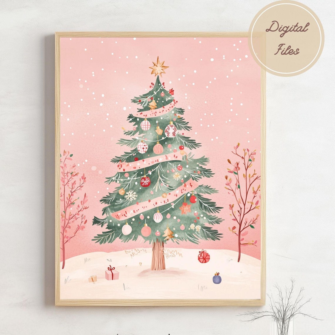 Pink Christmas Tree With Ribbons And Ornaments On Blush Sky Poster