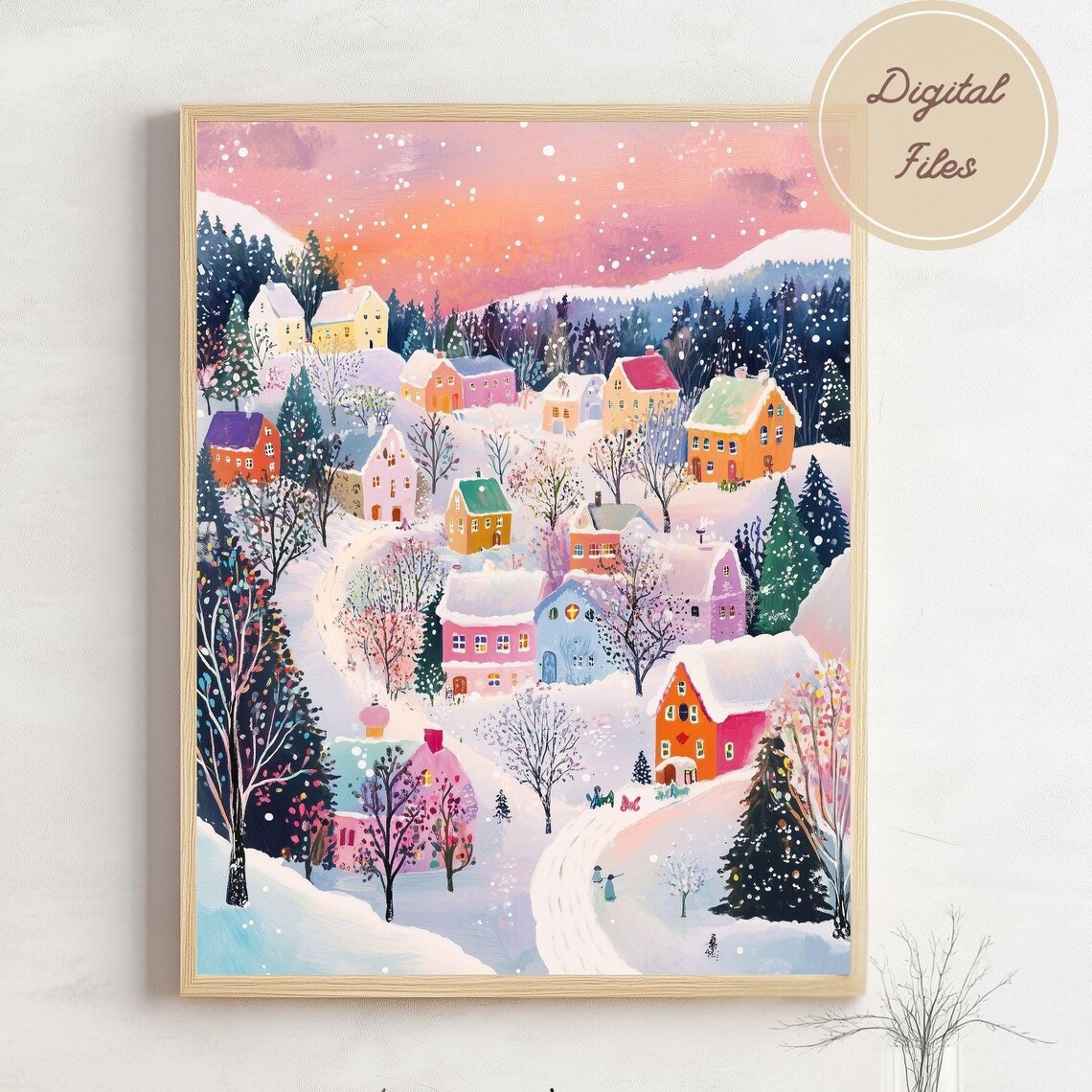 Cozy Pastel Pink Sunset Snowy Christmas Village Holiday Wall Art - Image 3
