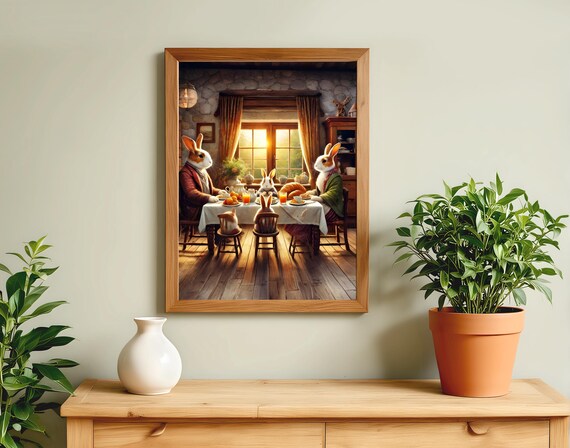 Rabbit Family Sharing Breakfast in a Cozy Cottage Humor Poster