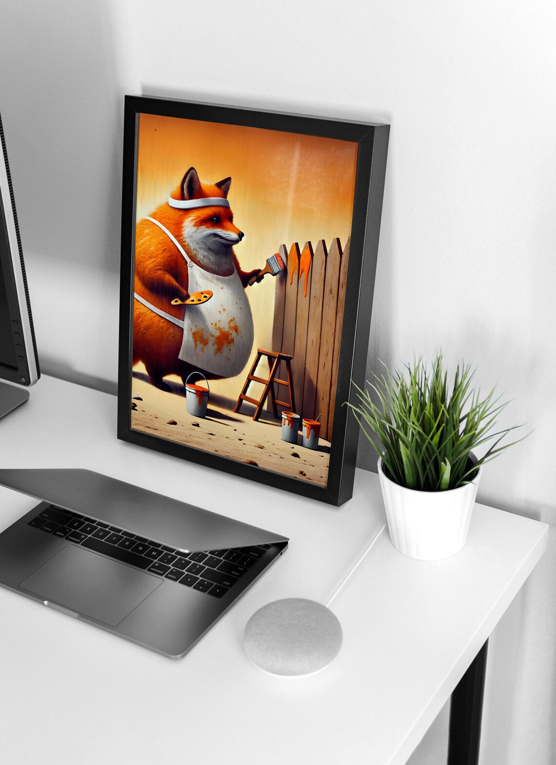 Red Fox Painting Wooden Fence in Artist Apron Funny Animal Poster - Image 4