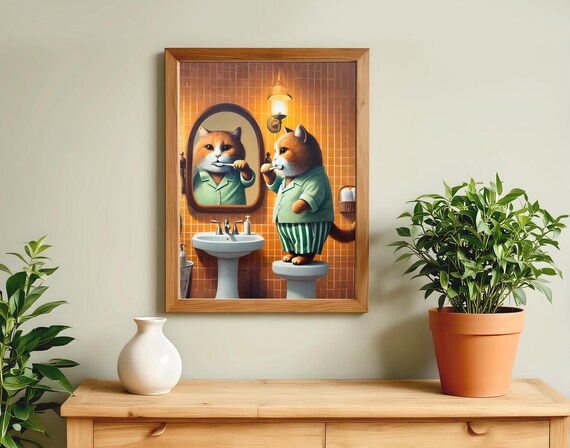Orange Cat Brushing Teeth in Bathroom Mirror Funny Cat Poster