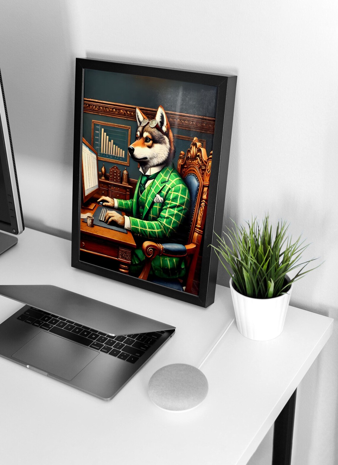Wolf in Green Suit Trader Four Piece Poster Set for Office Decor - Image 4