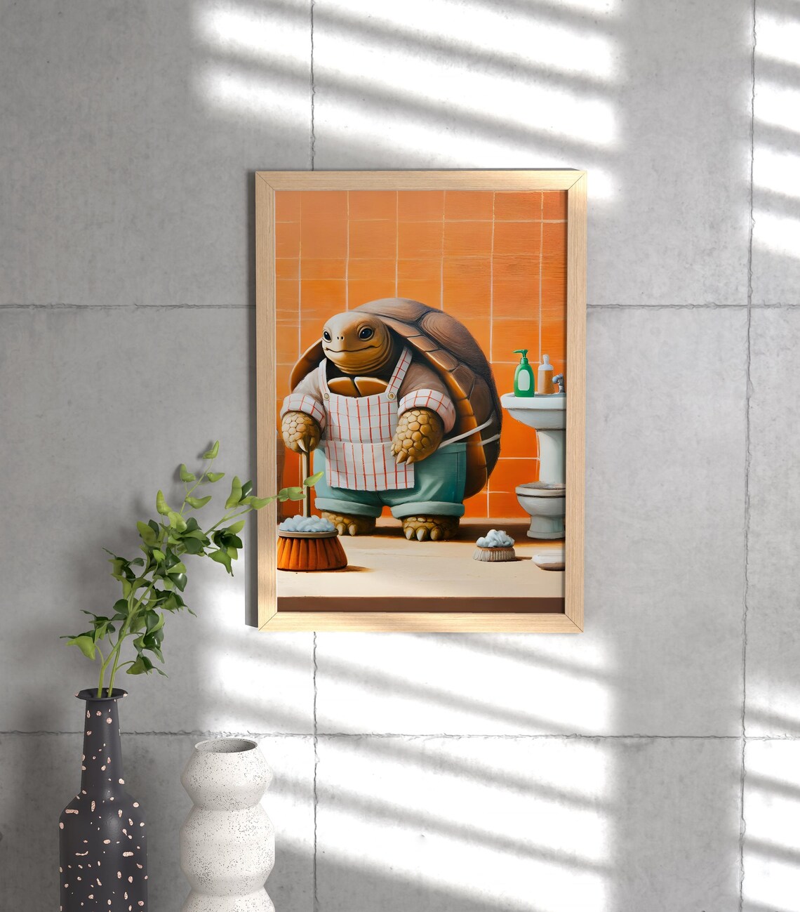 Turtle Mopping the Bathroom Floor in Apron Funny Animal Poster - Image 3