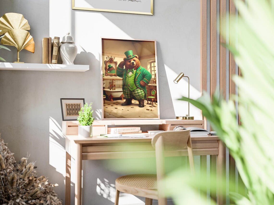 Bear in Green Suit Four Piece Poster Set St Patrick Office Decor - Image 2